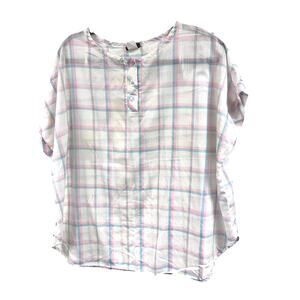 Vintage Women's Crew Neck cotton blend plaid short sleeve blouse 3X white pastel